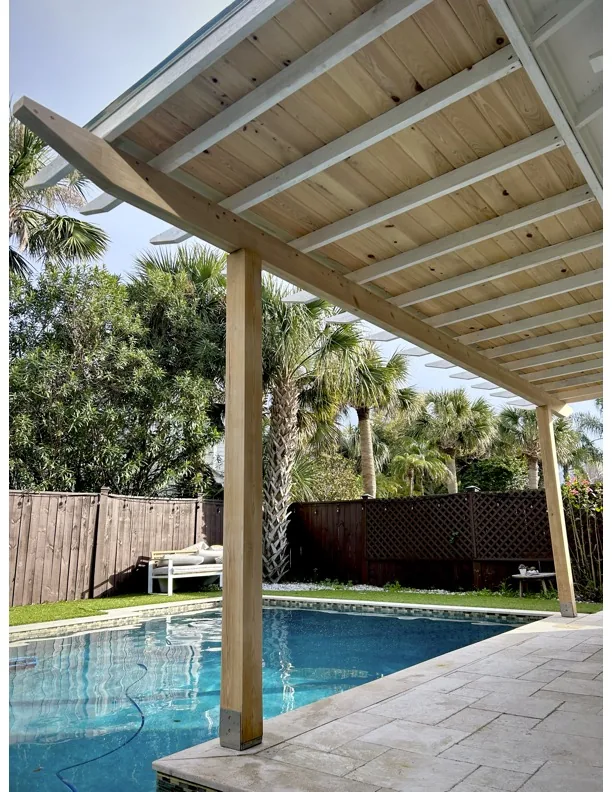Poolside covered outdoor living project by Cypress Building Group